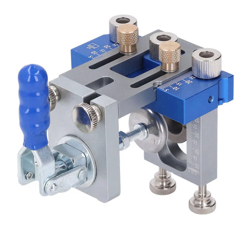 Self Centering Dowel Jig Kit With Adjustable Drill Guide and Six Heavy Duty Bushings Plus Three Carbide Bits, silver and blue.