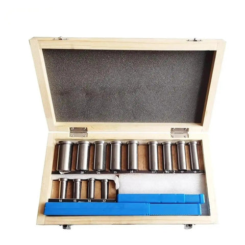 Open wooden box displaying 22 Piece Broach Tool Set For CNC Machines With HSS Pro Grade High Speed Steel Blades, organized by size.