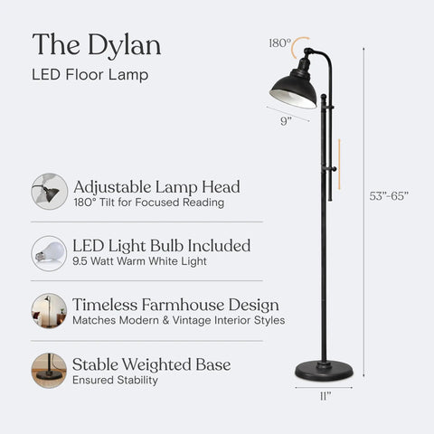 Industrial Floor Lamp With 180 Degree Adjustable Head, Lit LED Reading Light For Living Room Office And Bedroom, Cozy Farmhouse Style Standing Lamp For Stunning Home Decor with labeled features.