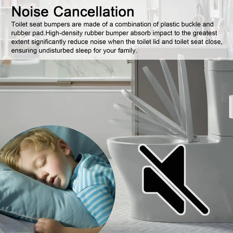 8 Piece Toilet Seat Bumpers Replacement Compatible With Cachet Brevia Glissade ReadyLatch K4636 K4637 K4783 K4713. Image of closing seat and sleeping child.