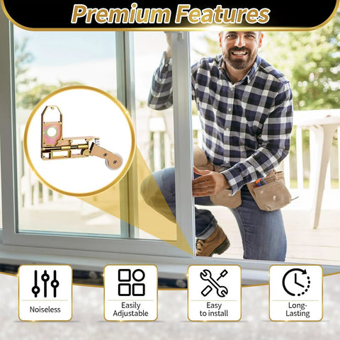 Premium Heavy Duty Four Pack Sliding Screen Door Rollers With One Inch Concave Wheels And Height Adjusting Screws shown being installed.