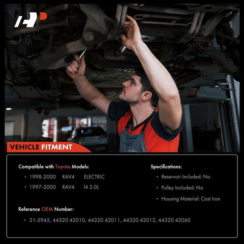 Mechanic installing Brand New Power Steering Pump For Toyota Rav4 1997 To 2000 2.0L 4 Cylinder under vehicle.