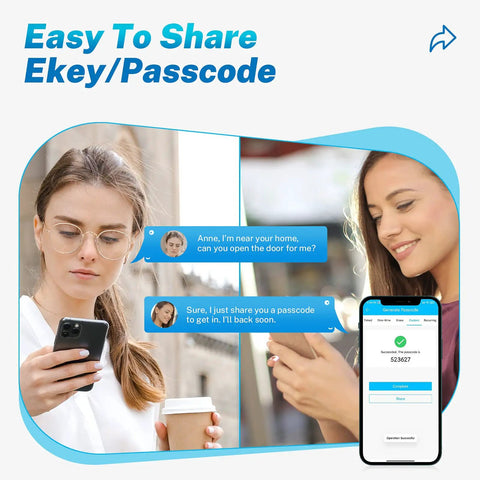Two women using phones to share codes with Smart Door Lock With Keypad And Keyless Entry IP66 Weatherproof Rock Solid App Control.