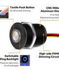 Built Tough 12 Volt Light Dimmer PWM Switch For RV And Boat Featuring Sleek Blue Backlight Ultra Smooth Brightness Adjustment Rugged Aluminum Housing Rated 6 Amp with tactile button.