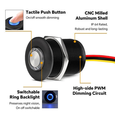 Built Tough 12 Volt Light Dimmer PWM Switch For RV And Boat Featuring Sleek Blue Backlight Ultra Smooth Brightness Adjustment Rugged Aluminum Housing Rated 6 Amp with tactile button.