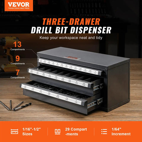 Drill Bit Dispenser Cabinet With Three Drawers, 29 Compartment Organizer, metal storage system for jobber length bits displayed open