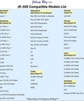 Chart showing compatible models for JR-300, including Raymarine, Simrad, Cobra, Icom, and Northstar devices.