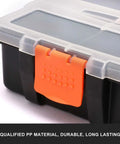 Close-up of a plastic toolbox with an orange latch, part of a Four Piece Hardware And Parts Organizer Set For Toolbox Storage