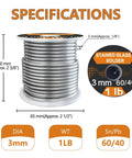 60/40 Stained Glass Solder for Copper Foil, 3mm Diameter, 1 Pound Spool, dimensions and specifications shown