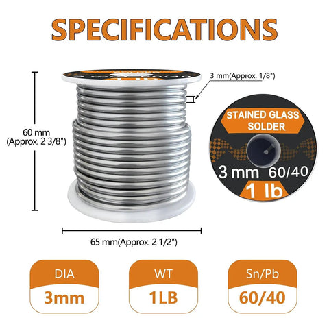 60/40 Stained Glass Solder for Copper Foil, 3mm Diameter, 1 Pound Spool, dimensions and specifications shown