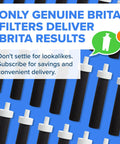 Genuine Brita water filters arranged in a pattern with text about subscription savings and delivery.