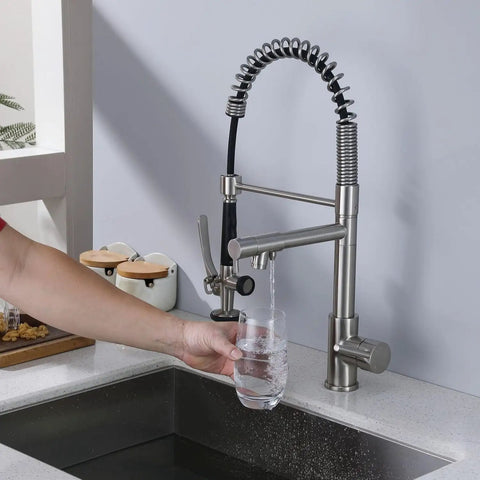 Person using Dope Contemporary Single Handle Kitchen Sink Faucet With Pull Down Sprayer And Pre Rinse Style, Brushed Nickel