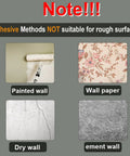 Image showing surfaces not suitable for No Drill Furniture Wall Anchors Set: painted wall, wallpaper, drywall, and cement wall.