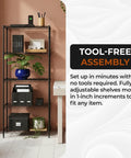Rock Solid Steel Wire Shelving Unit Five Tier Storage Rack Built Tough With Self Leveling Feet NSF Certified Food Safe For Kitchens Garages And Commercial Shops Black One Fourteen X Two Forty X Fifty Nine Inches with adjustable shelves.