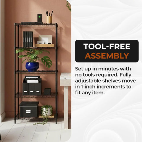 Rock Solid Steel Wire Shelving Unit Five Tier Storage Rack Built Tough With Self Leveling Feet NSF Certified Food Safe For Kitchens Garages And Commercial Shops Black One Fourteen X Two Forty X Fifty Nine Inches with adjustable shelves.