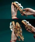 Hands holding a 3D Wooden Steampunk Spaceship Puzzle Kit For Adults With Mortise Tenon Joinery, detailed view showing bamboo structure.