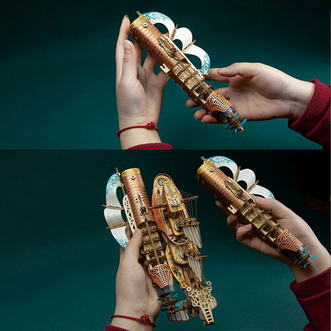 Hands holding a 3D Wooden Steampunk Spaceship Puzzle Kit For Adults With Mortise Tenon Joinery, detailed view showing bamboo structure.