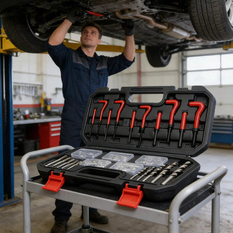 Professional Thread Repair Kit With Precision M5 To M12 Inserts on a workbench with tools and organized storage.