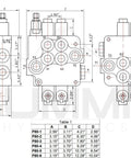 Monoblock hydraulic directional control valve, 2-spool with single float detent, 21 GPM; Amazon BISS technical drawing