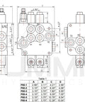 Technical diagram of a Hydraulic Directional Control Valve With 1 Spool, 21 GPM, and 3-Position Detent Lock for Forward or Reverse.