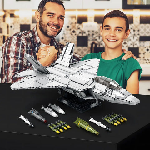 Father and son with F-22 Raptor Fighter Jet Building Block Set For Military Aircraft Lovers 1837 Piece Army Construction Toys