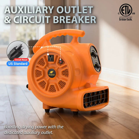Quarter Horsepower 1100 CFM Air Mover Blower Fan, Carpet Drying Fan with auxiliary outlet and circuit breaker, orange