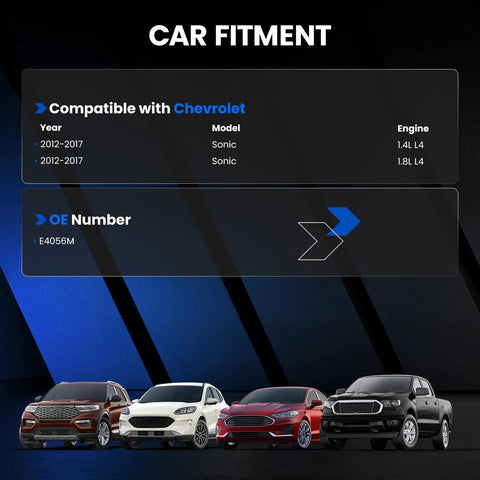 Car fitment guide showing compatibility with Chevrolet Sonic 2012-2017 1.4L L4 Gas and 1.8L L4 Flex engines OE Number E4056M