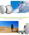 Straight Up Heavy Duty Cr2032 Batteries 20 Pack 3 Volt Coin Cell Power Supply For Watches Key Fobs And Cars Leak Free With Rock Solid Performance And Hella Long Run Time showing CR2032 batteries against snowy and desert backgrounds.