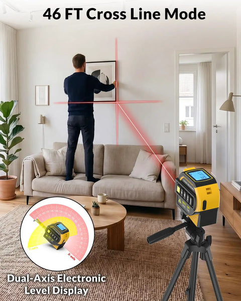 Skip The Hard Math With This Smooth 4 In 1 Laser Distance Meter Featuring Built In 16 Ft Tape And Dual Axis Level And Crosshair Sight For Zero Sweat Layouts On Backyard Sheds Or Tight Commercial Job Sites Where Precision Matters