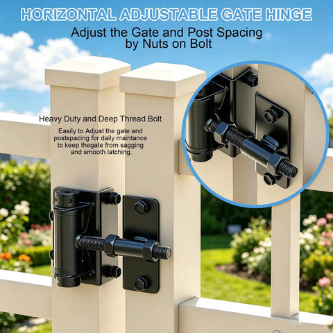 Built Tough Self Closing Gate Hinges For Wood Vinyl PVC And Metal Gates With Adjustable Tension, black finish on fence.