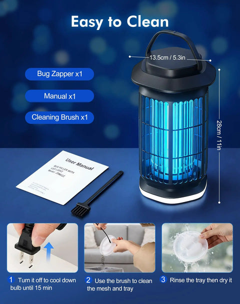 Beast 4000V Outdoor Bug Zapper With Built In Night Light, shown with manual and cleaning brush, dimensions labeled
