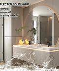 Modern Floating Double Sink Bathroom Vanity 92 Inch Wide With Oak Wood Cabinet And Ceramic Sinks Smart Anti Fog Mirror And Faucet Set Straight Fire Bathroom Glow Up in stylish bathroom with water splash.