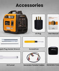 3500 Watt Gas Powered Inverter Generator With 3000 Watt Run Ultra Portable 47lb and accessories including US plug, cables, and tools