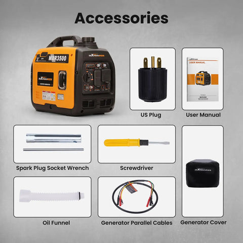 3500 Watt Gas Powered Inverter Generator With 3000 Watt Run Ultra Portable 47lb and accessories including US plug, cables, and tools