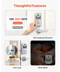 Feature highlights of Silver Fingerprint Deadbolt Keyless Entry Door Lock, showing anti-peeping and auto lock functions.