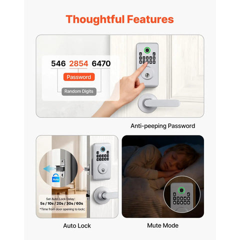 Feature highlights of Silver Fingerprint Deadbolt Keyless Entry Door Lock, showing anti-peeping and auto lock functions.