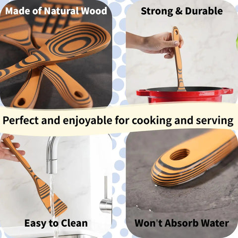 Premium Wooden Cooking Spoon Set of Three Dishwasher Safe and Heat Resistant Kitchen Utensils for Nonstick Pans displayed with water.