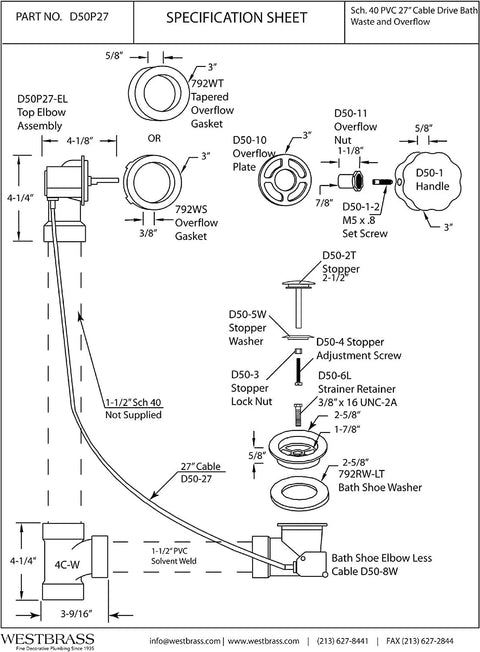 Slick Chrome Finish 27 Inch Cable Driven Bathtub Drain Trim Kit With Smooth Pop Up Stopper And Rotating Overflow Cover Brass Knob No Sweat Setup Using Glue Type Abs Fittings Four Pack specification sheet detailing components.