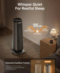 Ceramic Tower Space Heater 1500W With Oscillation Remote Control Programmable Thermostat in gray, placed in a cozy living room.