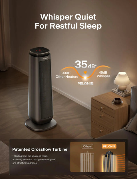 Ceramic Tower Space Heater 1500W With Oscillation Remote Control Programmable Thermostat in gray, placed in a cozy living room.