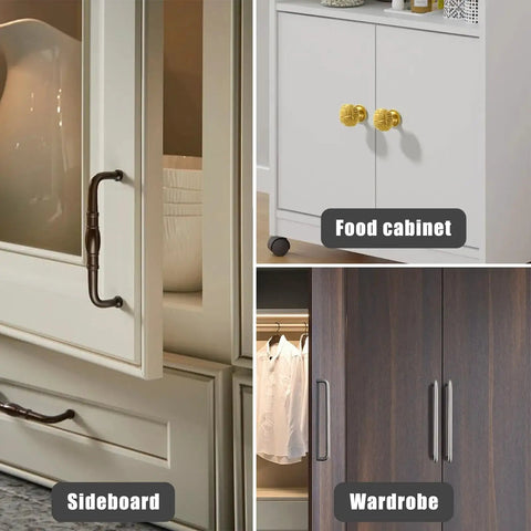 Collage showing a sideboard, food cabinet, and wardrobe with different handle styles.