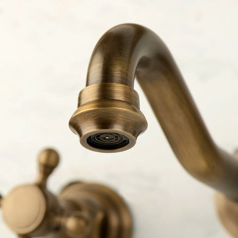 Antique Brass Bathroom Sink Faucet Set With Ceramic Disc Valve, close-up of tarnish-resistant spout and handle
