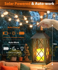 Outdoor Solar Lanterns 14 Inch Hanging LED Lights, 2 Pack with flickering flame look, displayed on a porch with cozy patio decor.