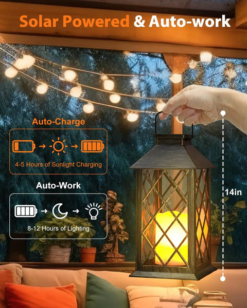 Outdoor Solar Lanterns 14 Inch Hanging LED Lights, 2 Pack with flickering flame look, displayed on a porch with cozy patio decor.