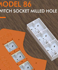Two Piece Woodworking Corner Radius Template Kit With Router Jig Covering R15 To R200 on a wooden surface for switch socket milling.