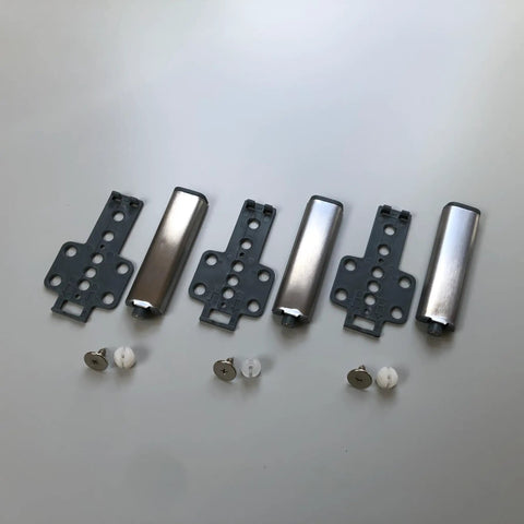 Super Slick Push To Open Cabinet Latches With Strong Magnet Set Of 3 Silver Touch Release Handles For Kitchen Cupboards And Drawers Quick Install Kick Open Hardware parts displayed with silver latches and mounting hardware.