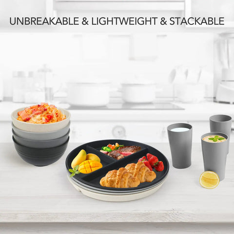 Durable 9 Inch Divided Plates Set For Kids And Adults Unbreakable Plastic Portion Control Plates with food servings displayed.