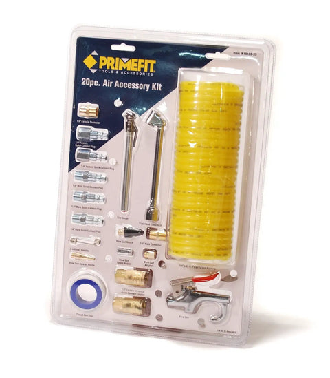 Deluxe One Quarter Inch Air Compressor Accessory Kit With Twenty Five Foot Recoil Hose, Nineteen Essential Accessories in package