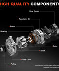 Exploded view of 11340 High Output 150 Amp 12V Alternator Replacement For 2007 To 2009 350Z showing components like rotor, stator, and bearing.
