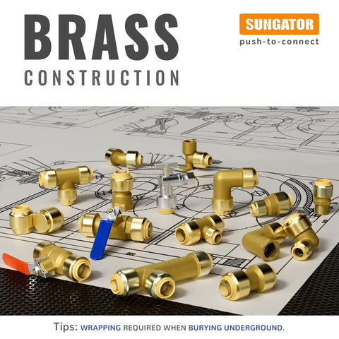 Assorted brass fittings including Six Pack Tee Plumbing Pipe Connector Set Three Quarter Inch Push Fit PEX Tee on blueprint